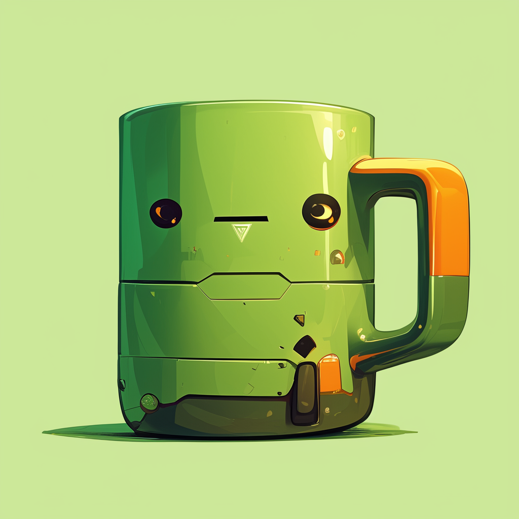 Green square mug with AI robot statue