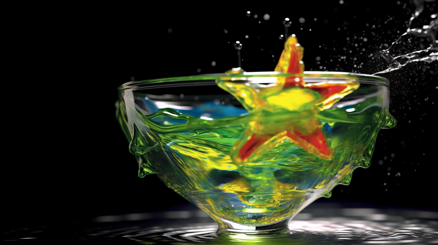 Green star food falling into transparent glass bowl with colorful water