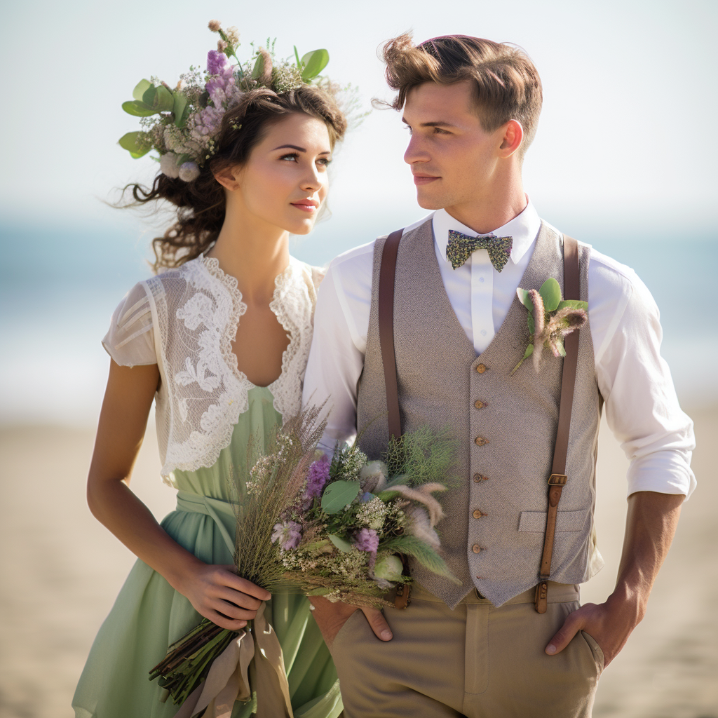 Green suit wedding on the beach