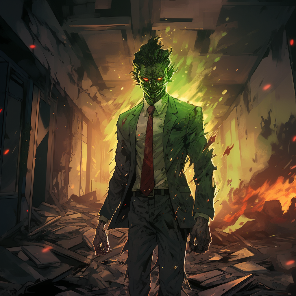 Gray-skinned demon walking through destroyed office