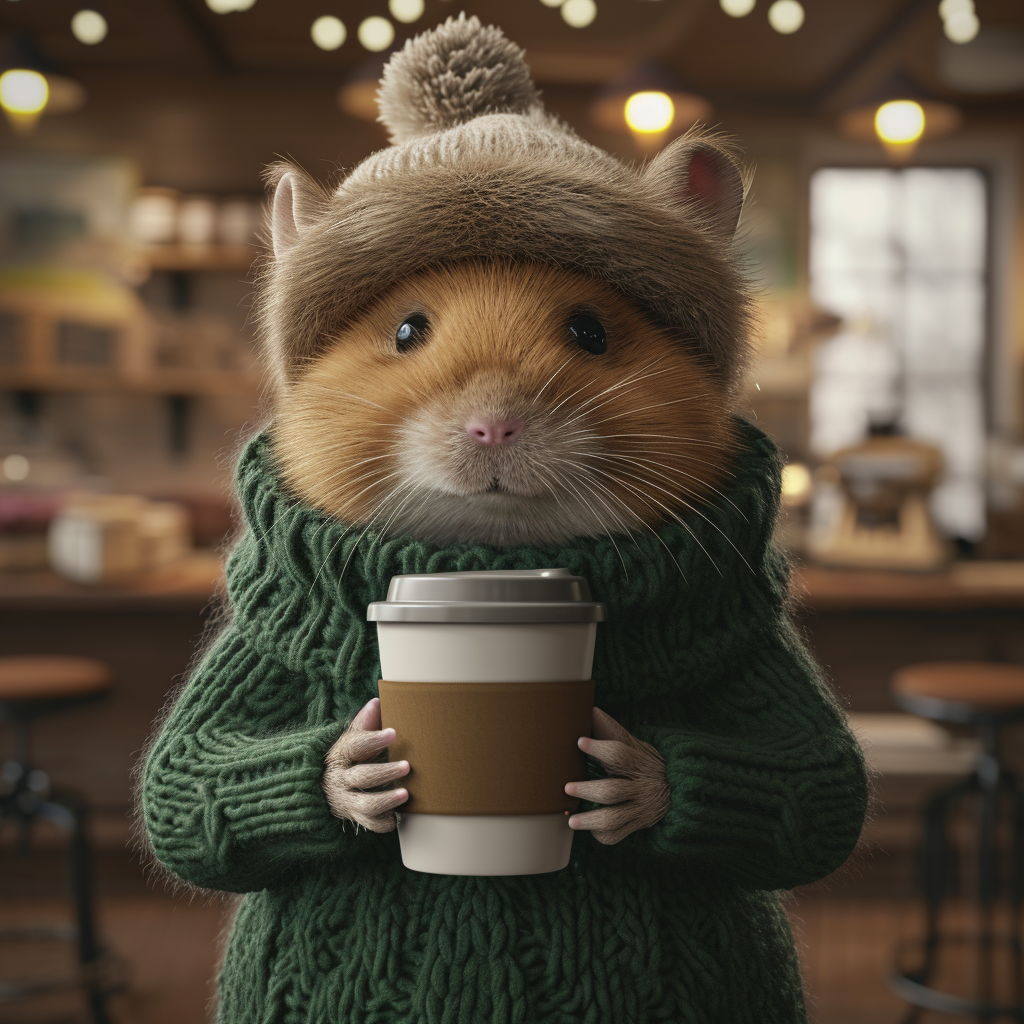 Hamster in green sweater with coffee in cafe