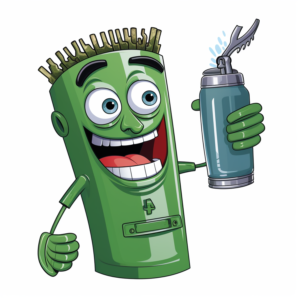 Smiling green thermos holding a chainsaw