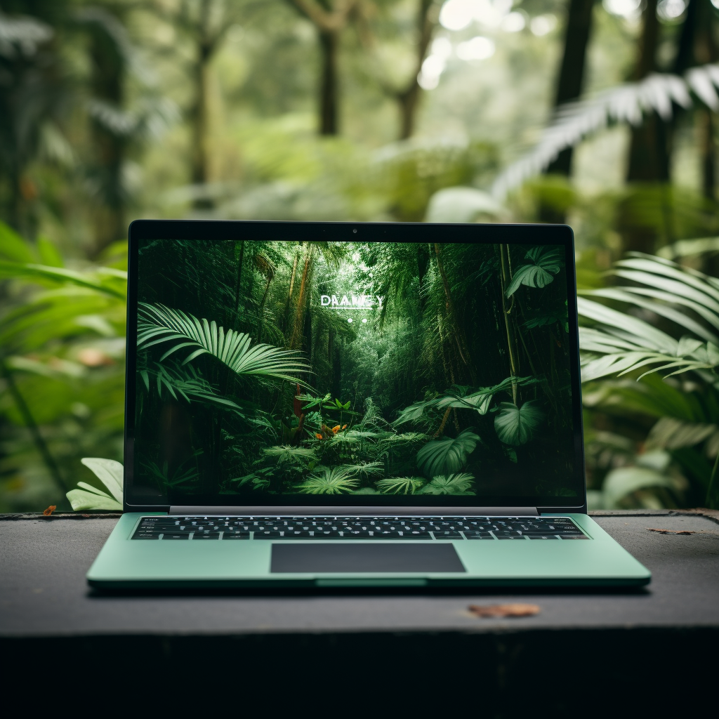 Laptop displaying customer reviews in jungle setting