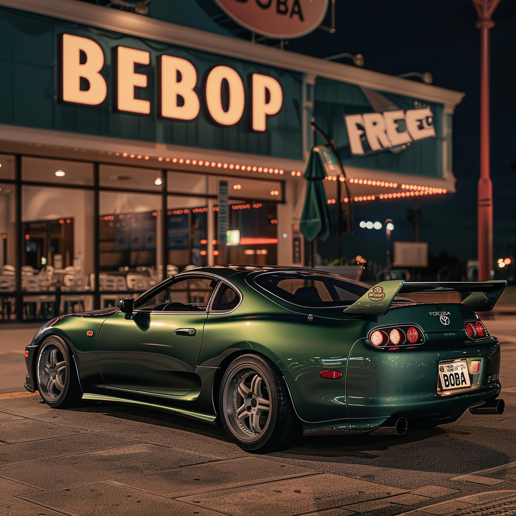 Green Toyota Supra Restaurant Parked