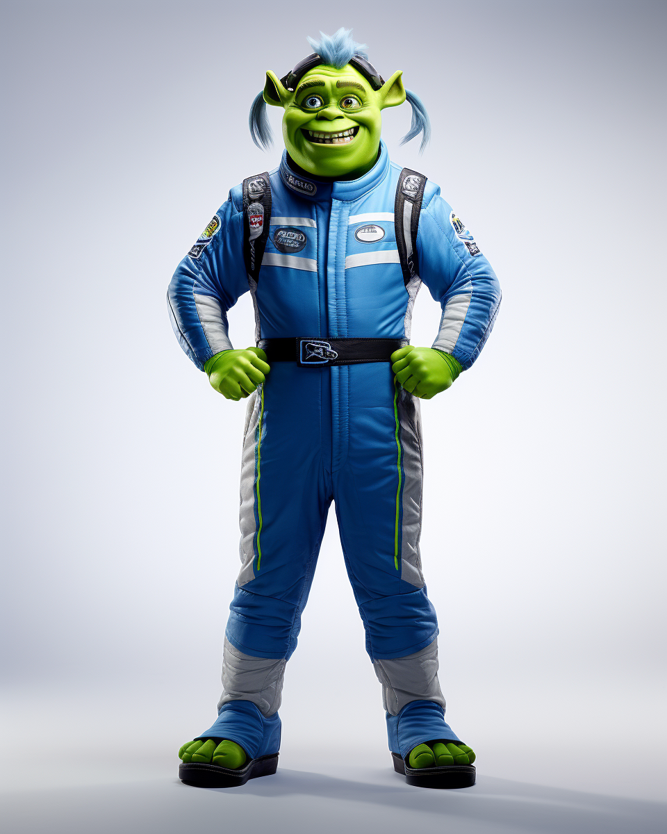 Photorealistic green troll race car driver portrait