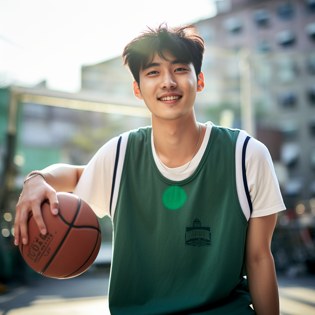 Korean Male in Green T-Shirt on Basketball Court