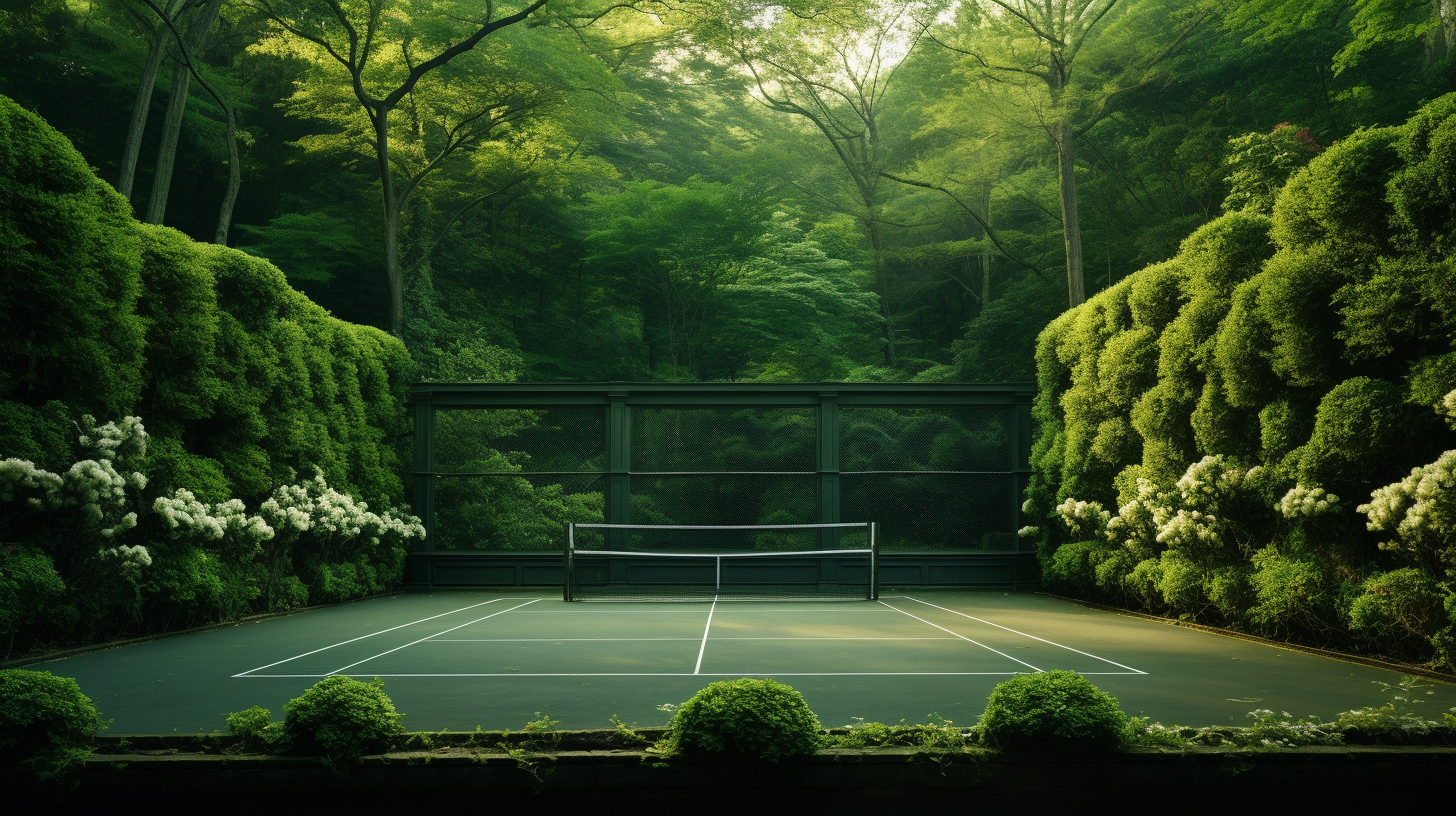 Green and White Tennis Court in Woodland