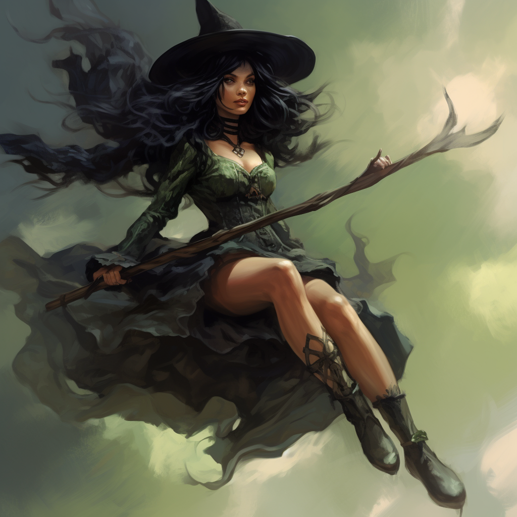 Woman with Green Skin Flying on Broom