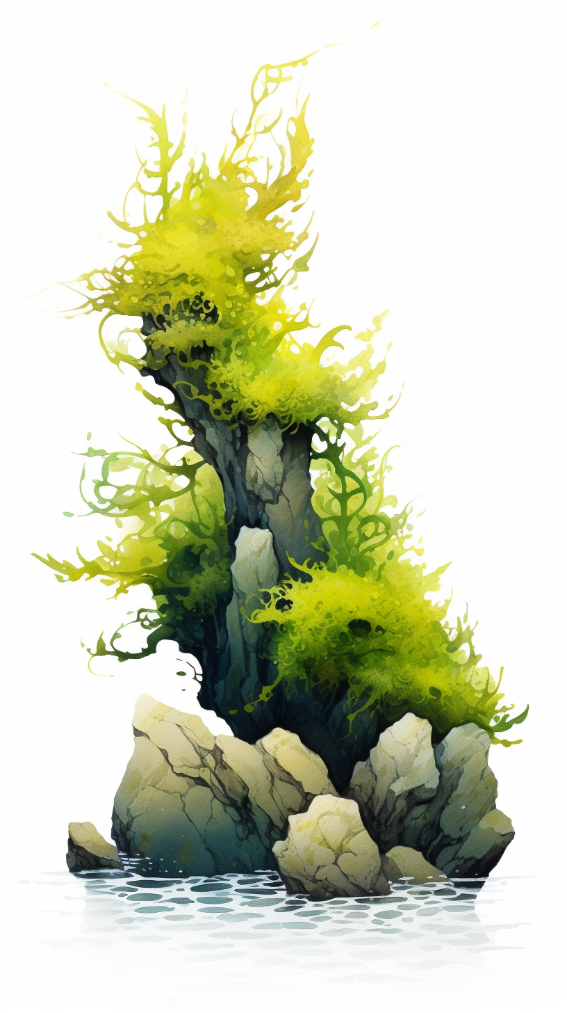 Illustration of lush sea moss on wet rocks