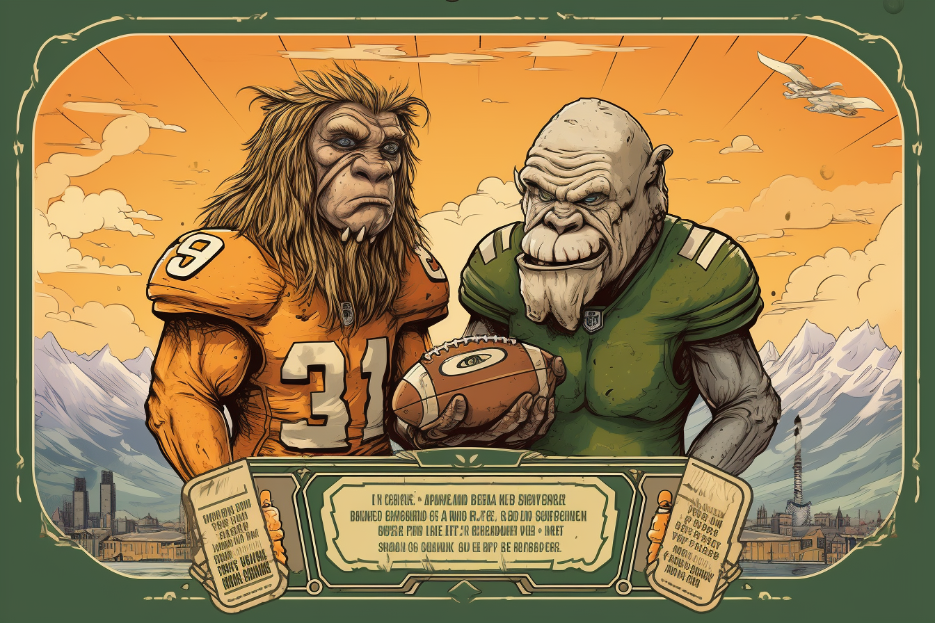 Postcard illustration of Green Bay Packers vs Denver Broncos