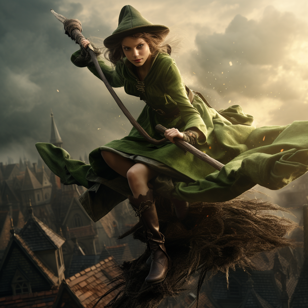 Green elf teen witch on broom