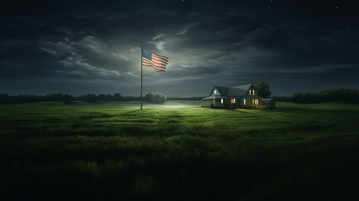 Green field landscape with house and American flag