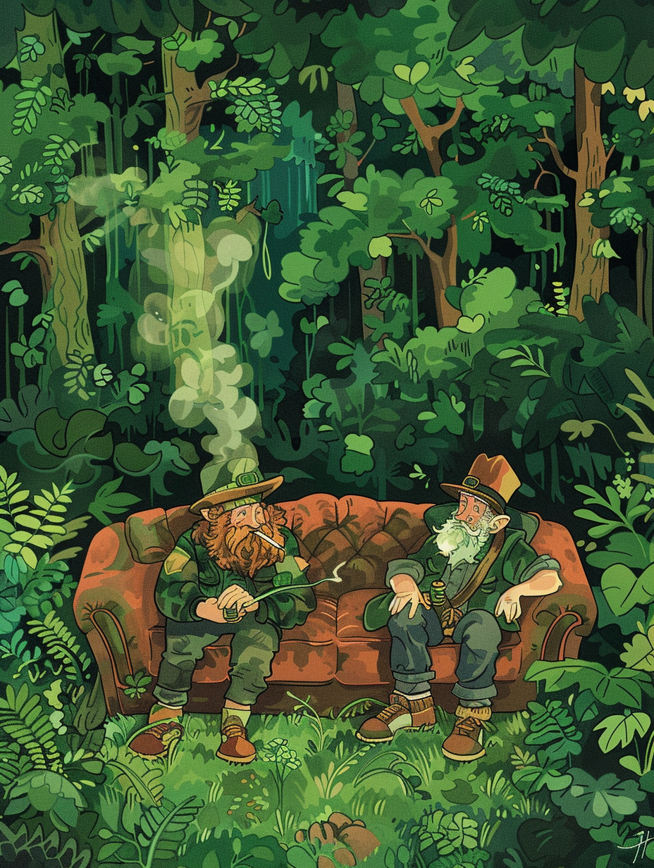 Leprechaun and man in green forest