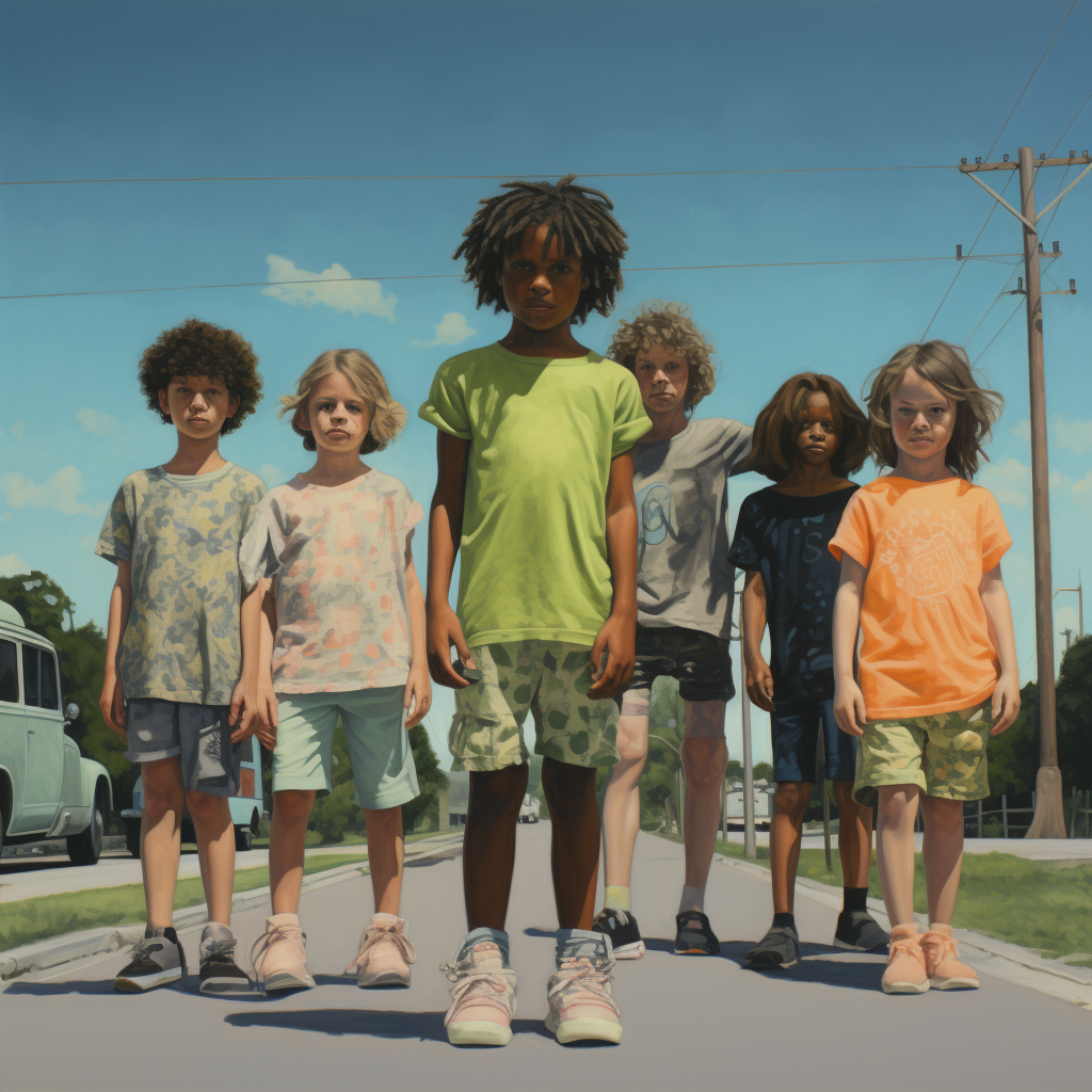 Children with Light Green Skin Standing on Road