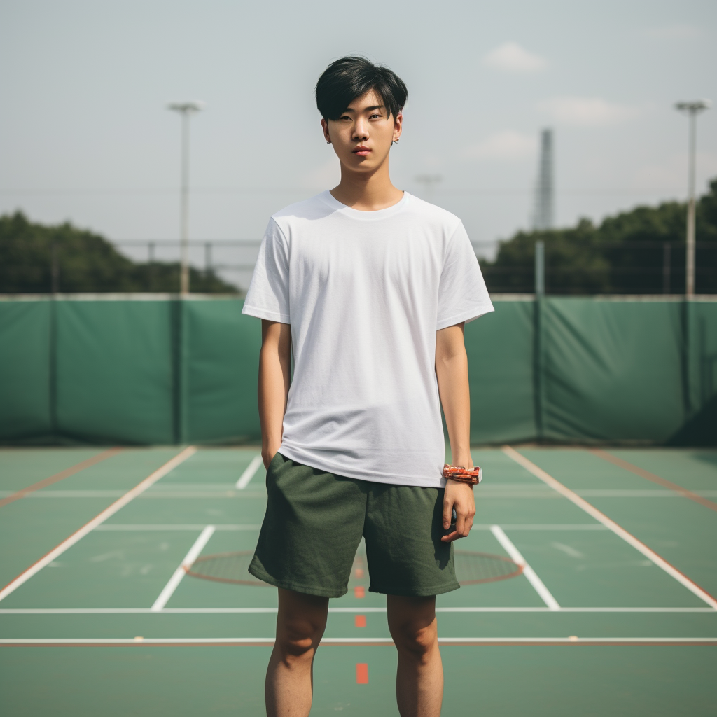 Smiling Korean Male in Green T-Shirt at Tennis Court