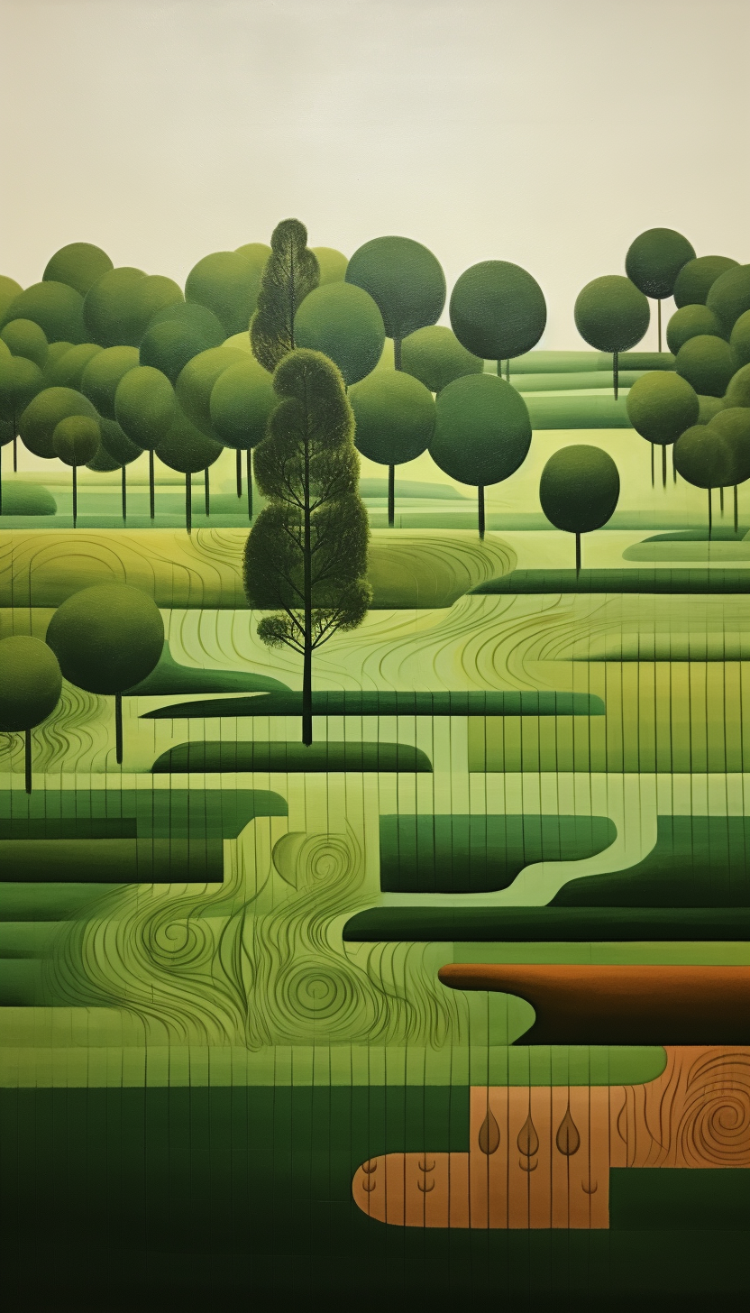 Vibrant mid-century art with lush green grass