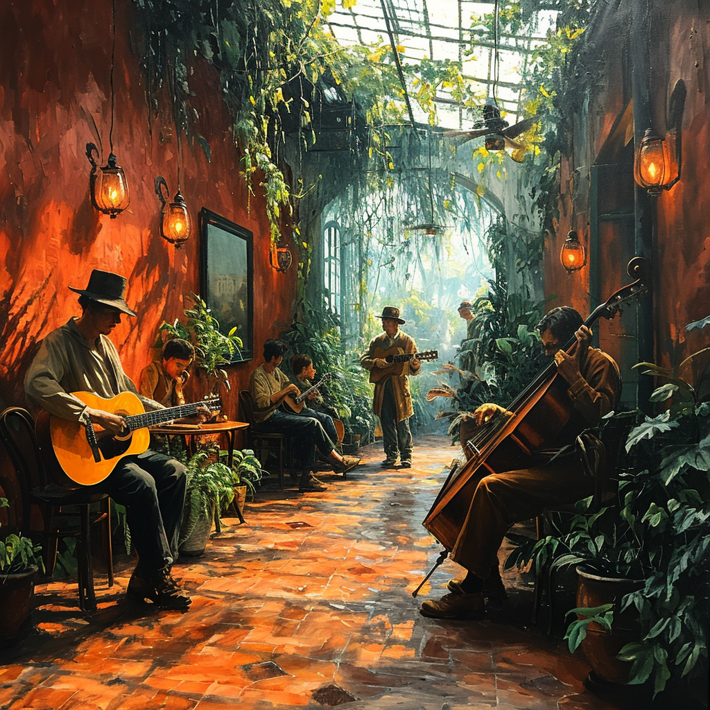 Greenhouse cafe with people playing instruments