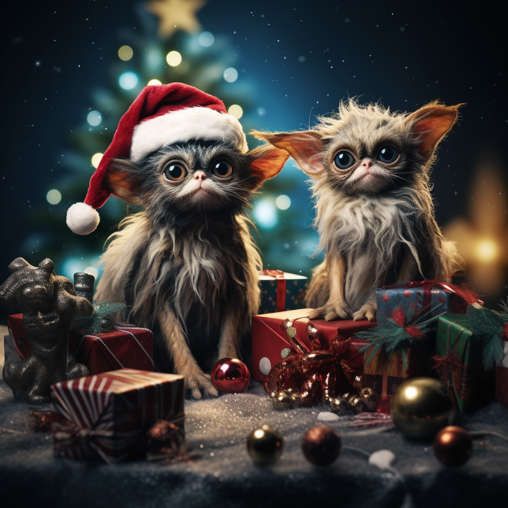 Scared Mogwhy with Gremlins and Colorful Christmas Tree