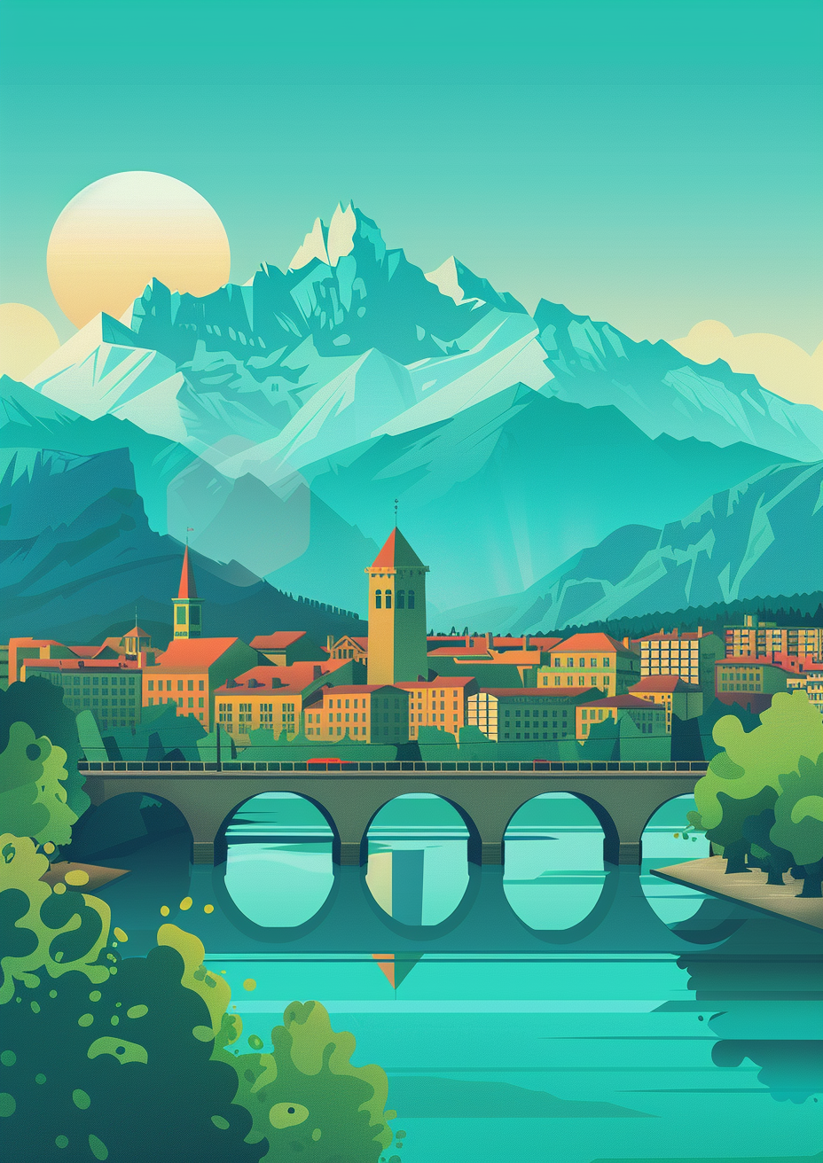 Turquoise Green Grenoble Flat Illustration