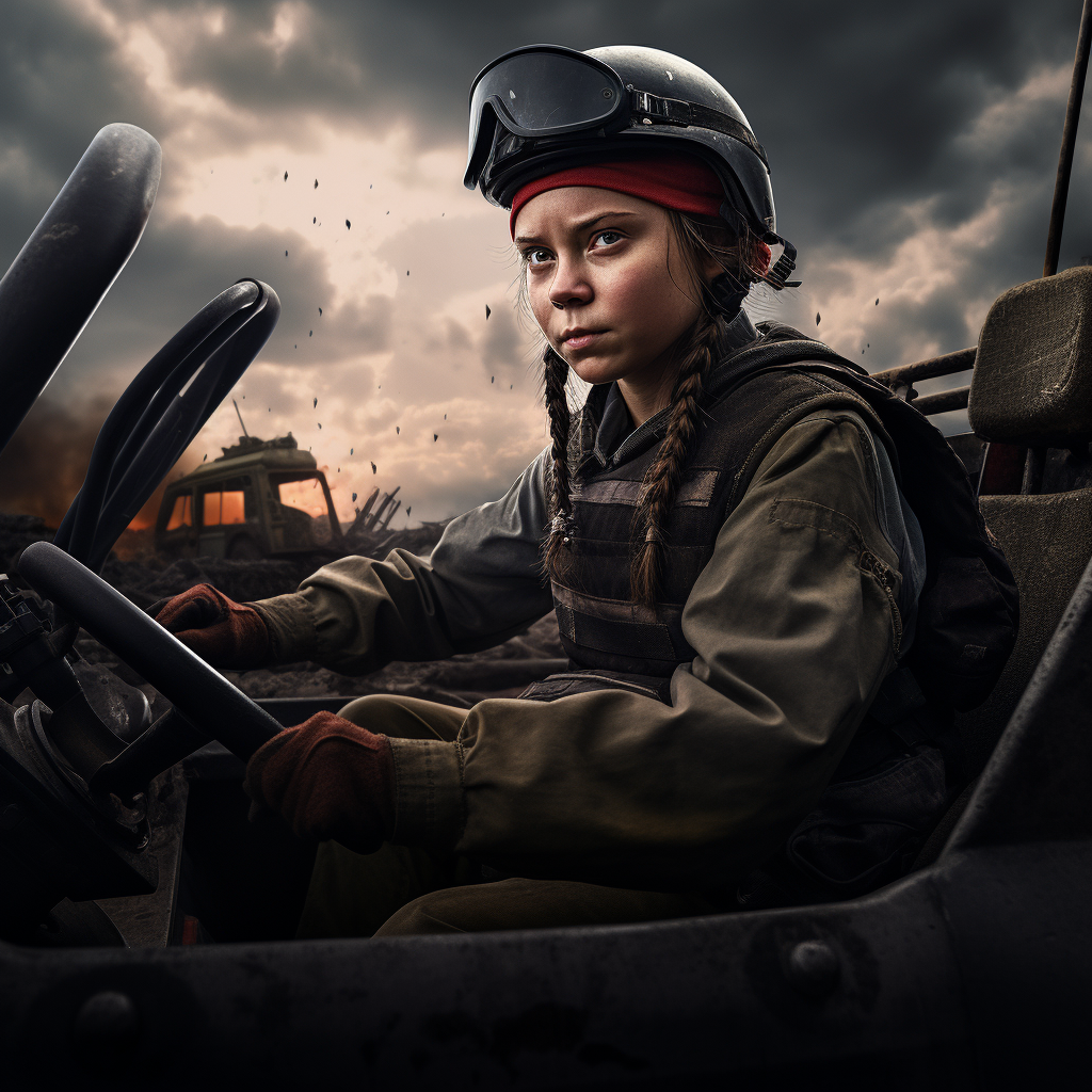 Greta Thunberg driving electric tank image