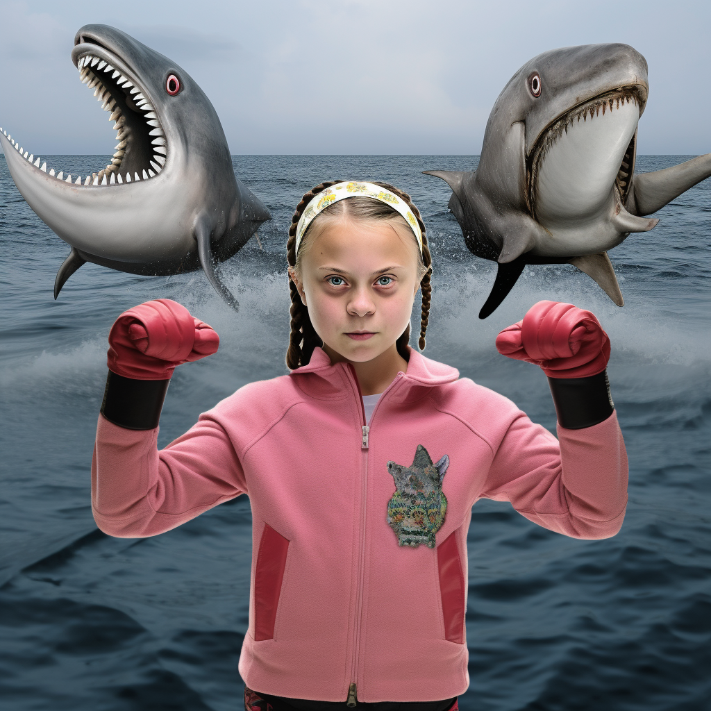 Greta Thunberg with fish-heads boxing