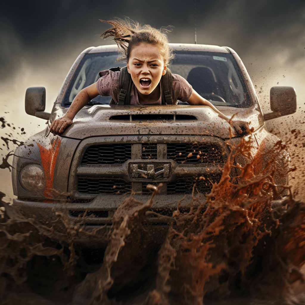 Greta Thunberg driving a high-speed Dodge Ram 1500