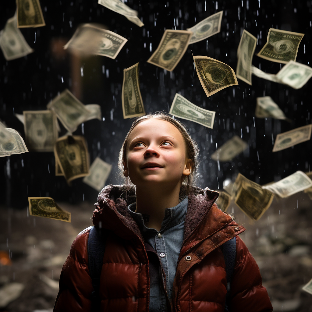 Greta Thunberg wiping tears with cash