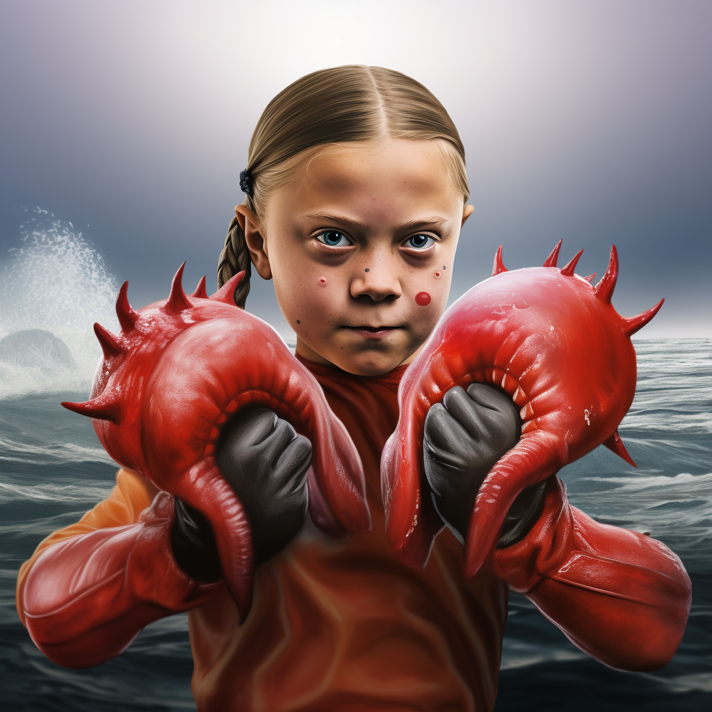 Greta Thunberg with fish hands boxing