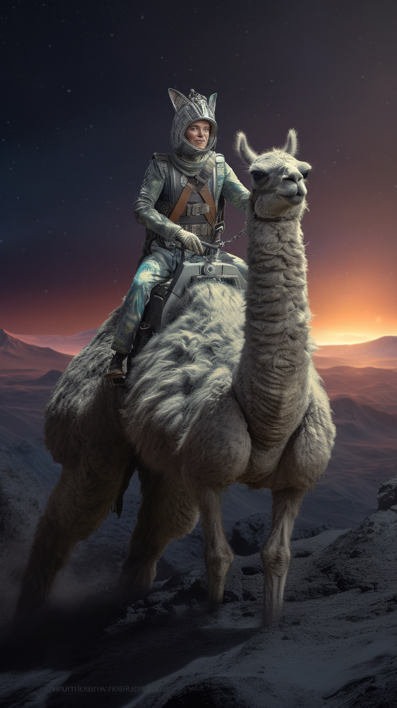 Grey alien riding llama adventure