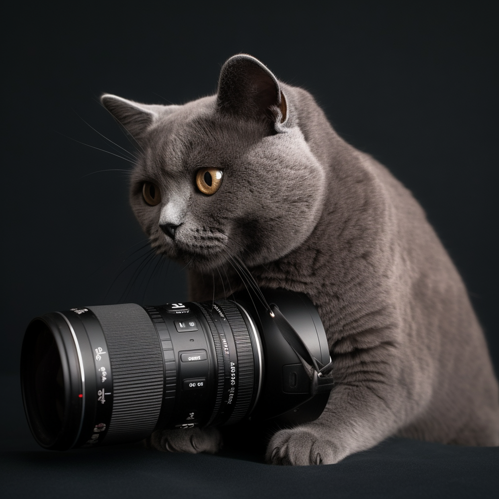 Grey cat with camera