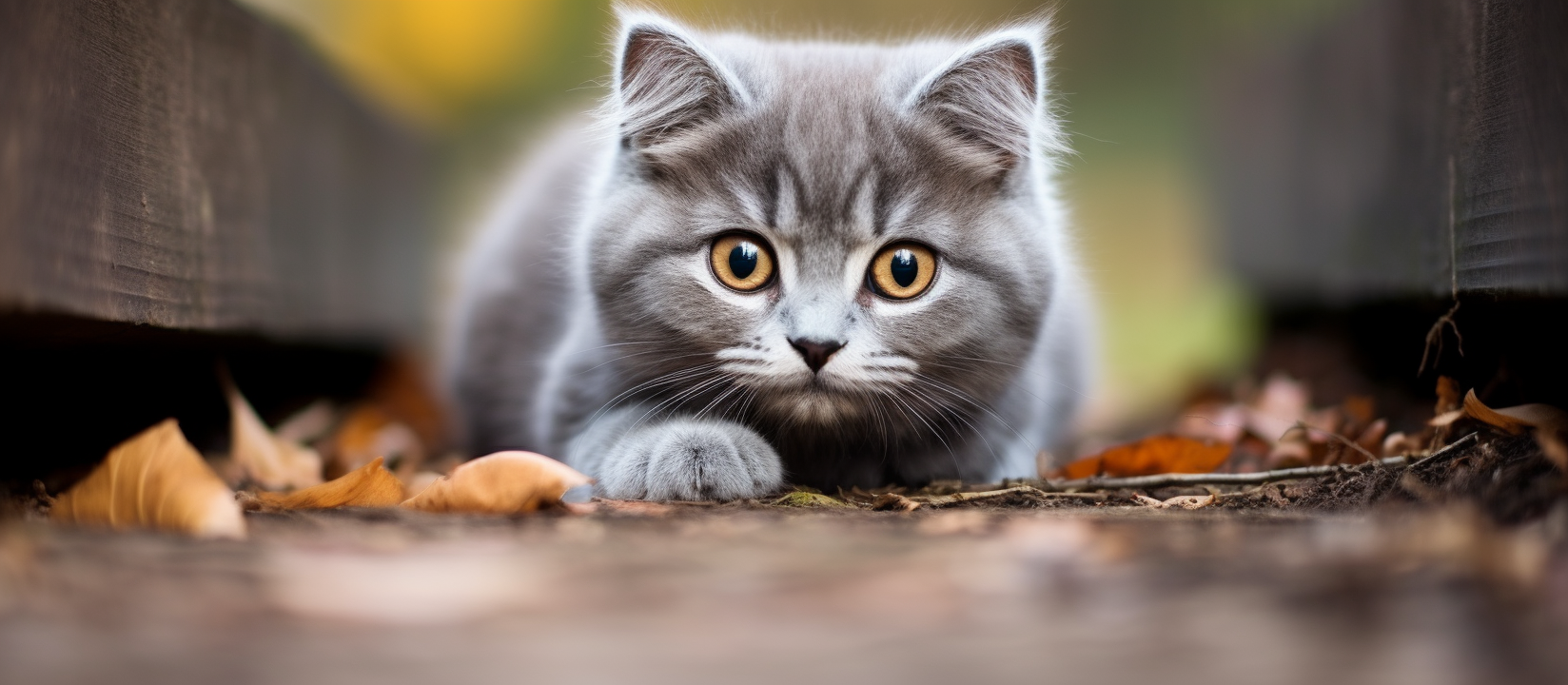 Adorable grey cat on wooden floor