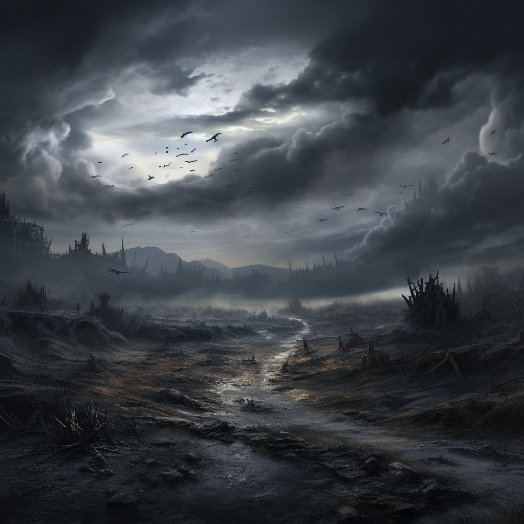 Game concept art of grey dead wasteland with black clouds