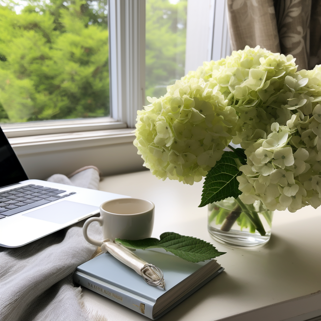 Grey granite desktop with notepad, pen, phone, cappuccino, and hydrangea