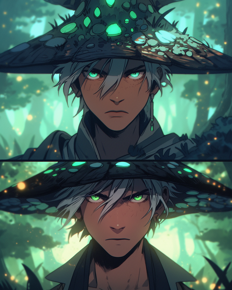 Grey-Haired Male Witch Anticipating in Misty Forest