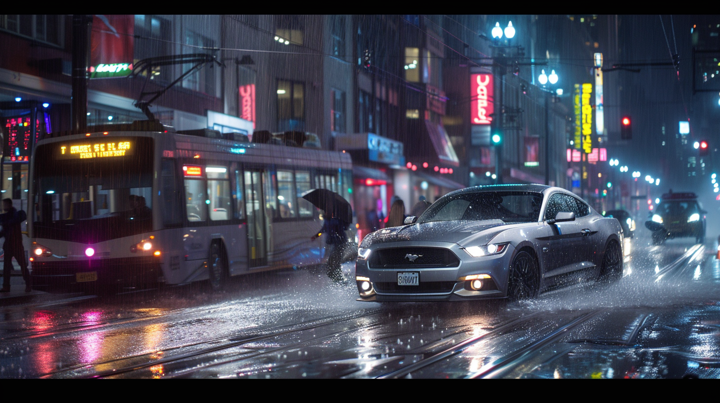 grey mustang drifting night rainstorm