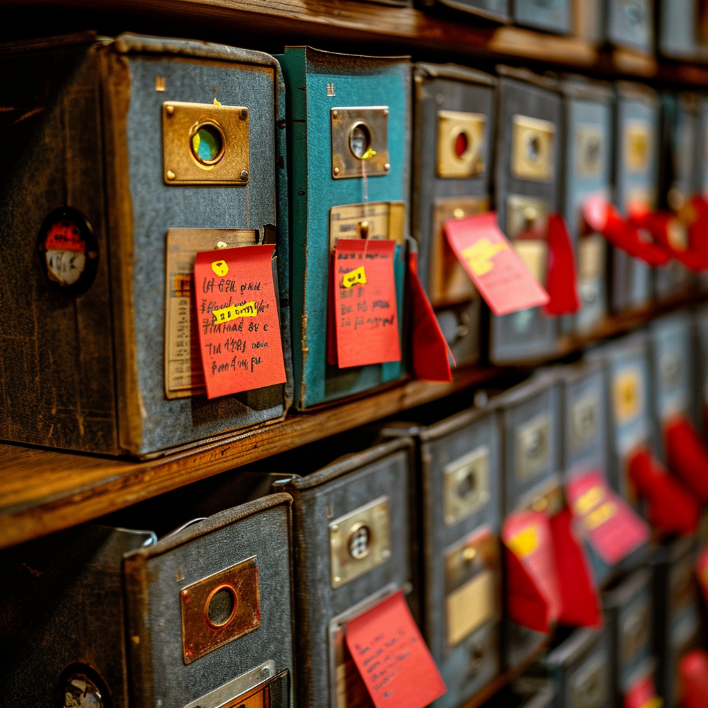 Grey office files with red postit notes