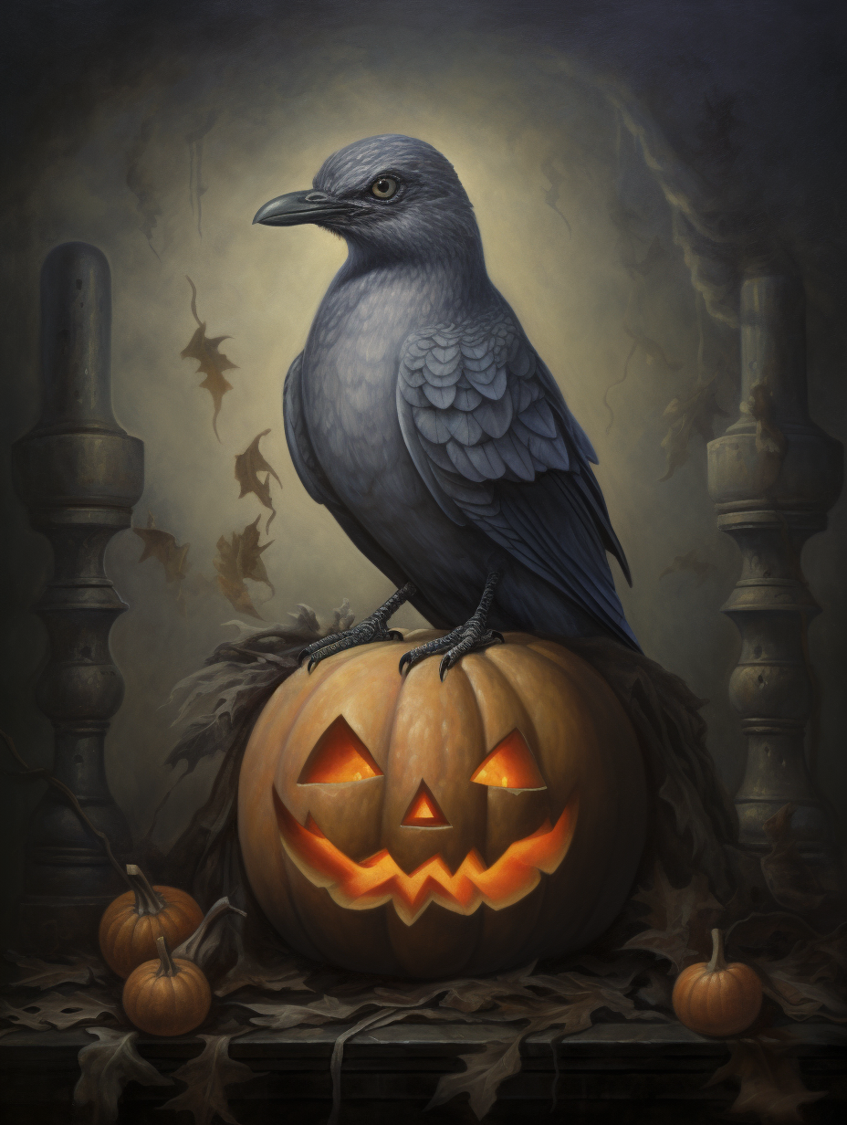 Grey pigeon sitting on jack o' lantern