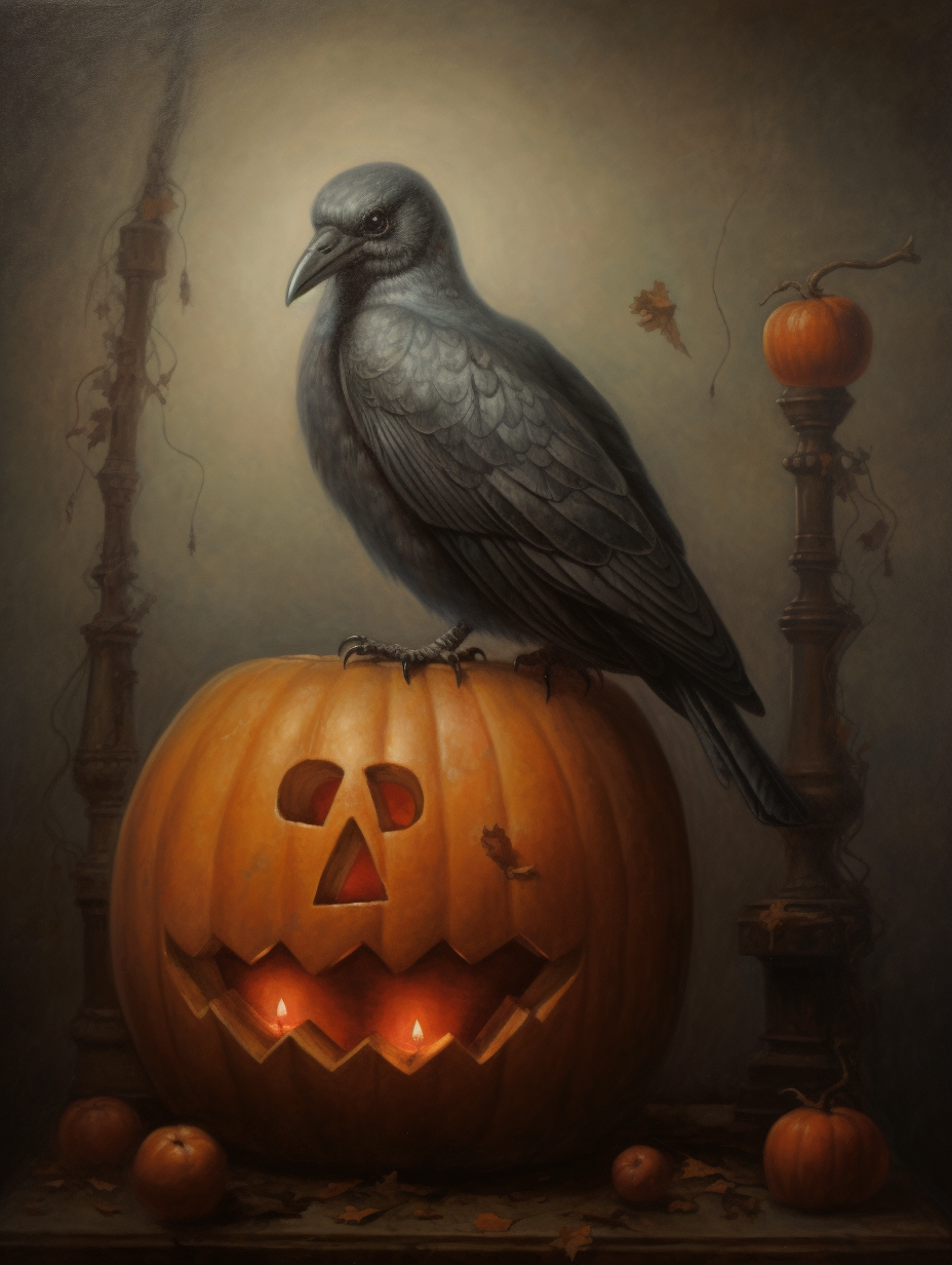 Grey pigeon on jack-o'-lantern