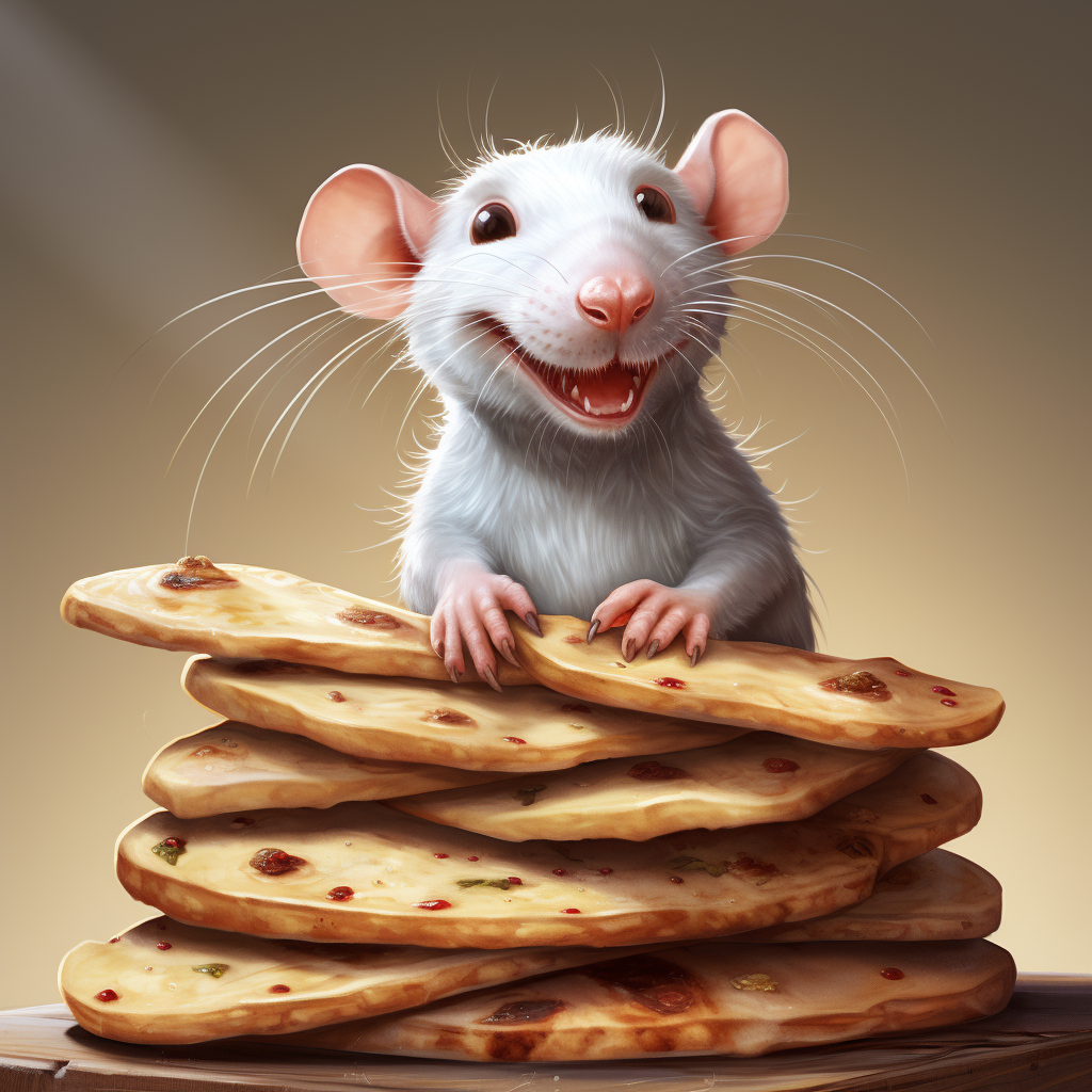 Grey rat on pile of pizzas