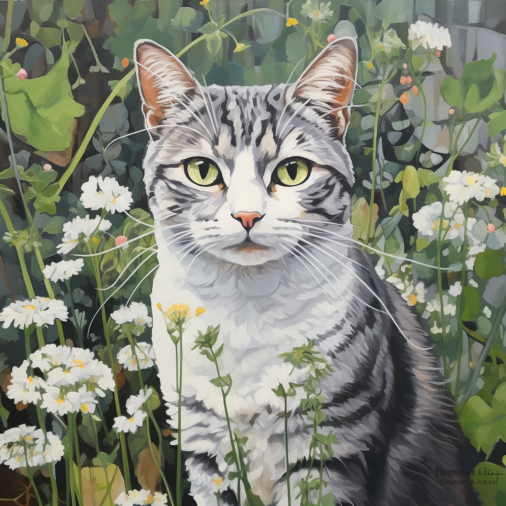 Cute grey tabby cat with green eyes in a garden