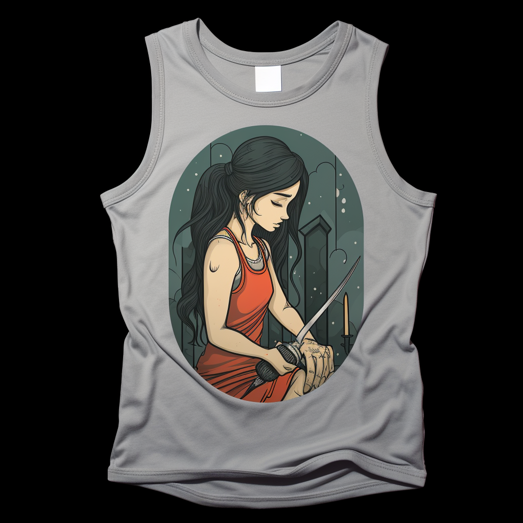 Stylish girl wearing grey tank top holding a knife