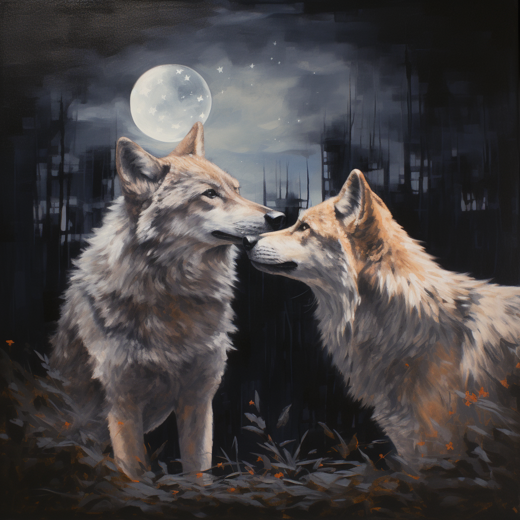 Two Wolves Playing Together at Night