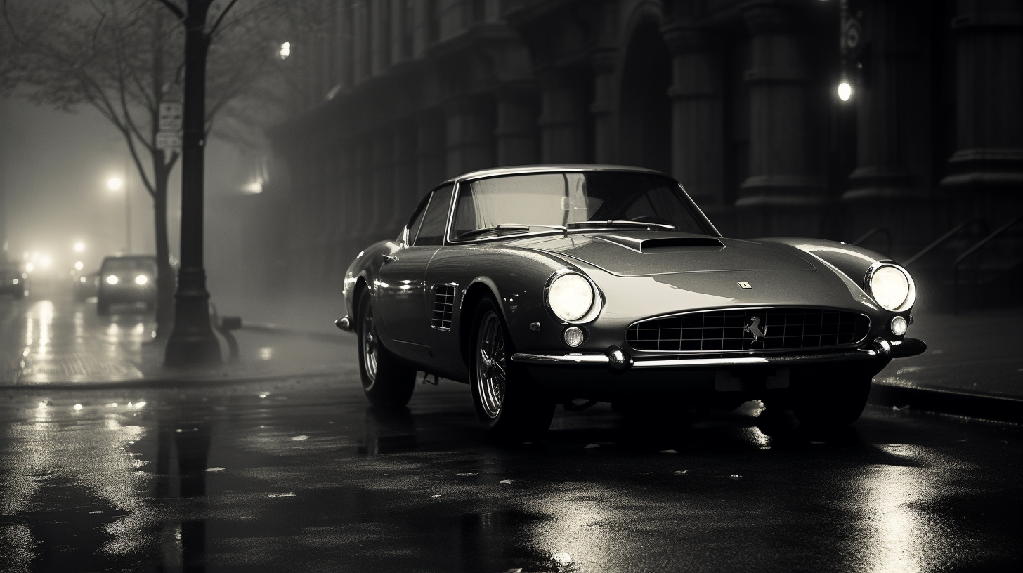 Grey Ferrari 250 GT in Misty Night Street