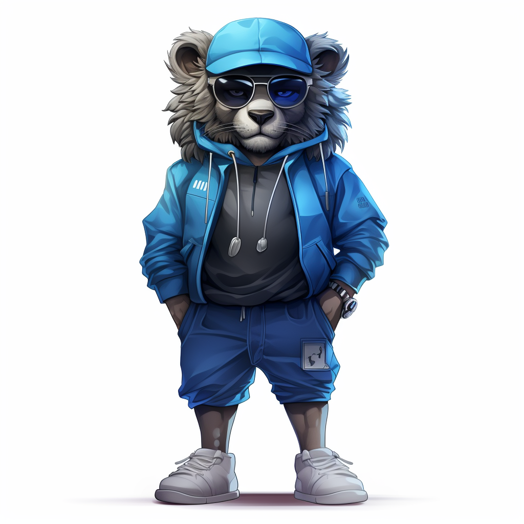 Anthropomorphic young lion in blue clothes wearing goggles