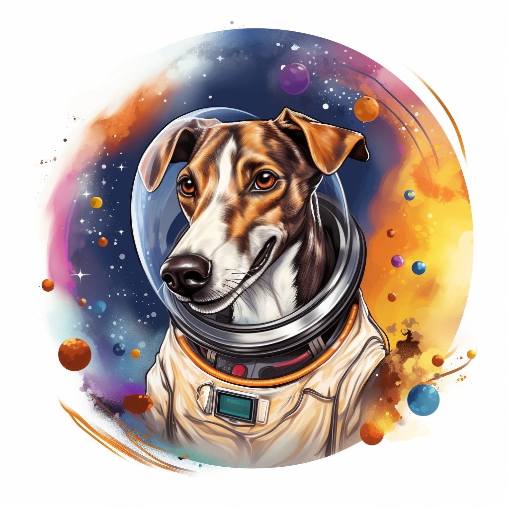 Greyhound Astronaut Floating in Cartoon Space