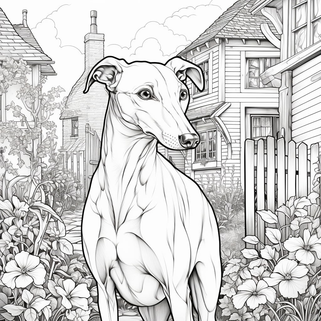 Greyhound in Cottage Line Art