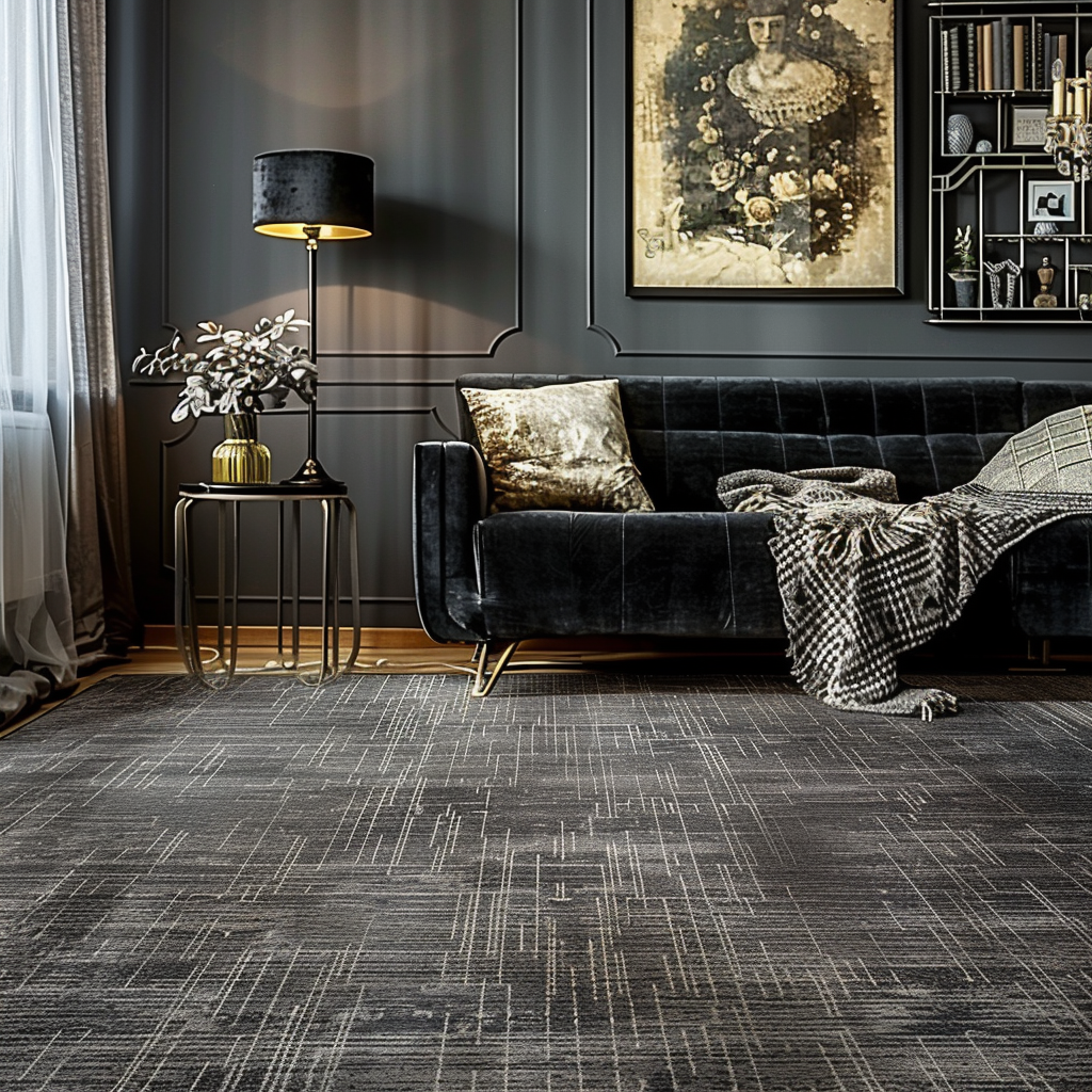 Greyish midnight carpet with unique patterns