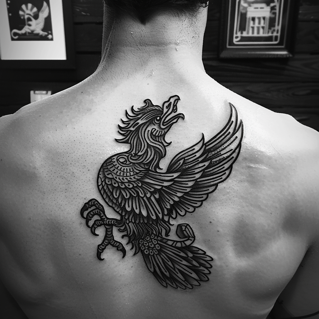 Black and white griffin logo tattoo