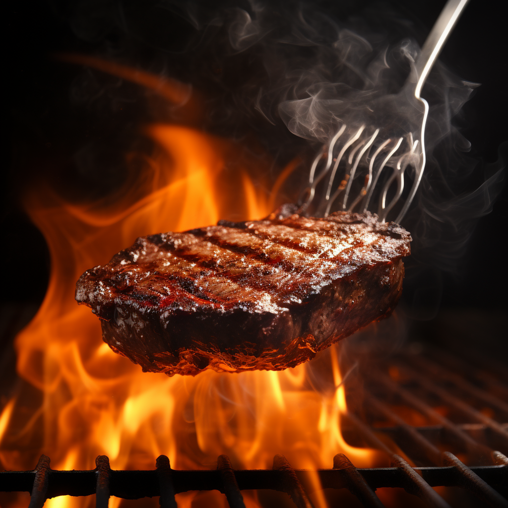 Grill tongs holding a steak over flames