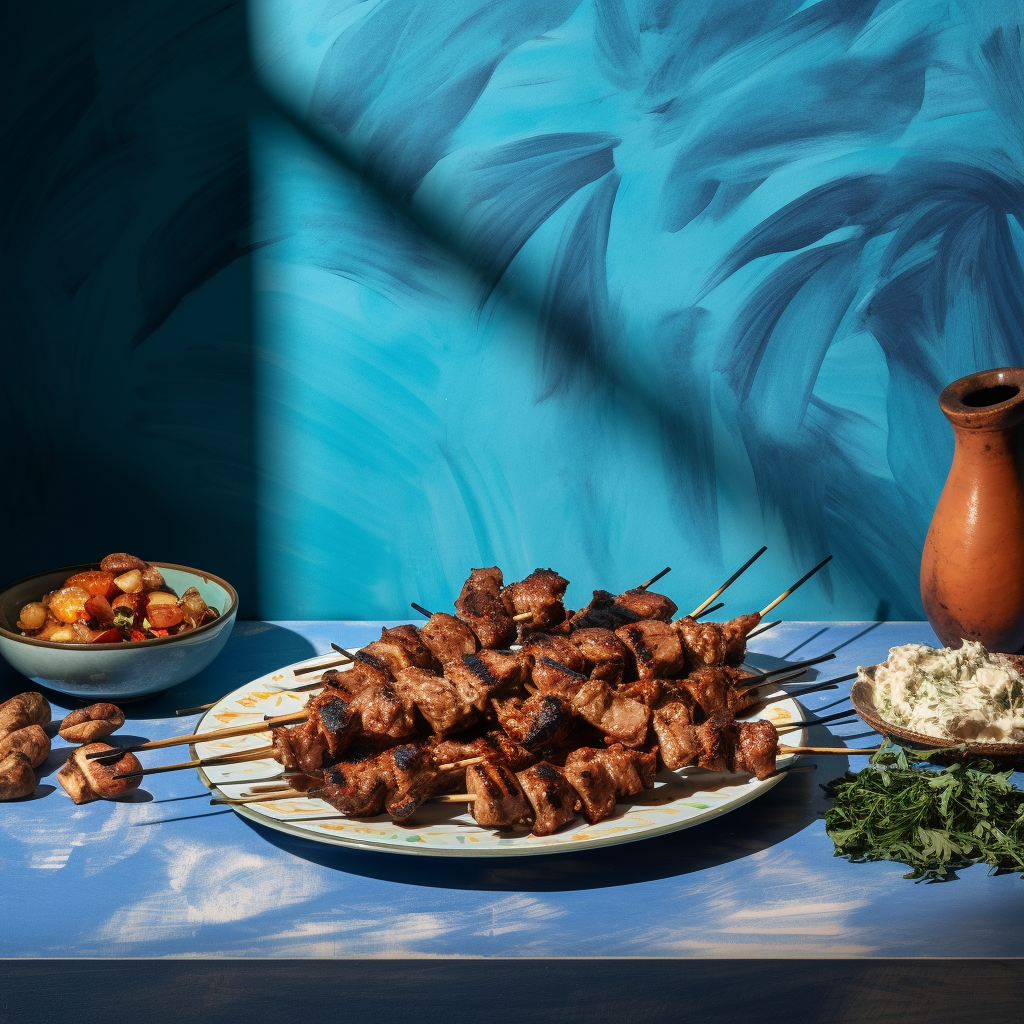 Grilled kebab on a blue table